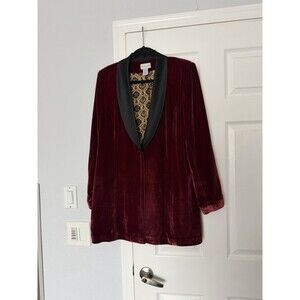Soft Surroundings Women’s Maroon Velvet Blazer, Tuxedo Style Smoking Jacket L